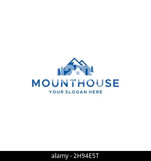 Minimalistisches MOUNTHOUSE Peak Home Tree Logo Design Stock Vektor