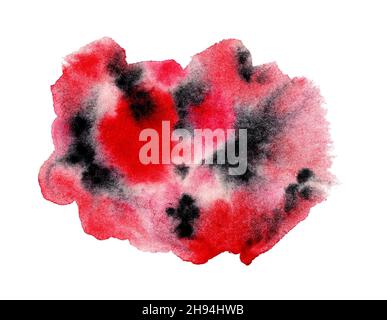 Abstrakter Aquarellhintergrund. Japanischer Stil. Schwarz-rote weiße Streifen und Wassertropfen verbreiten sich chaotisch.Kontrast zur Papierstruktur. Isoliert Stockfoto