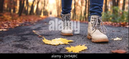 Wandern mit Wanderschuhen auf der Straße im Herbstwald. Panoramablick Stockfoto