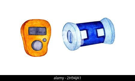 Aquarell-Illustration von blauen und orangen Strickwerkzeugen. Zeilenzähler. Vorrichtung zum Aufbewahren, Zählen von Reihen und Stichen. Stricken, Nadelarbeit, Werkzeuge. Stockfoto