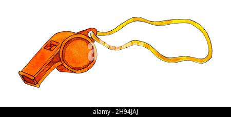 Aquarell-Illustration einer orangefarbenen Sportpfeife an einem gelben Seil. Symbol für Sportpfeife oder Gebläsekonzept. Die Pfeife des Schiedsrichters ist metallisch. Isolat Stockfoto