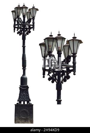Vintage-Straßenlampe. Isoliert auf weißem Hintergrund. Stockfoto
