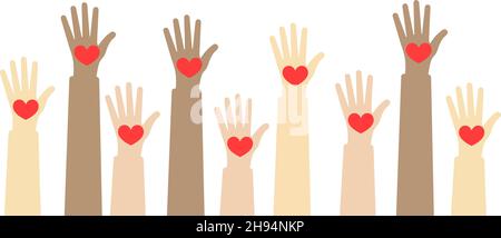 Hände verschiedener Gruppen von Menschen, die sich zusammensetzen. Zusammenarbeit, Zusammengehörigkeit, Partnerschaft, Vereinbarung, Teamarbeit, eps 10 Stock Vektor