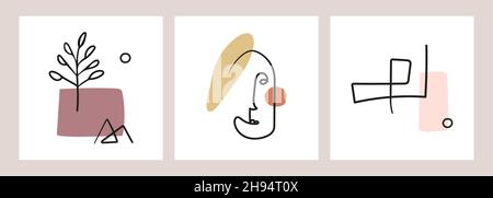 Set aus handgezeichneten Formen und Linien-Kunstobjekten, modernes Porträt, Berg, Linie, Baum, Blatt, Mond, Sonne. Stock Vektor