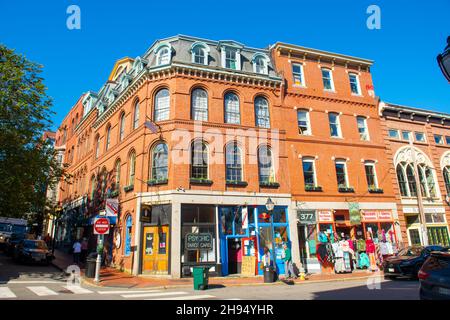 Historisches Geschäftsgebäude an der Exchange Street 1 in der Fore Street im Old Port in Portland, Maine ME, USA. Stockfoto