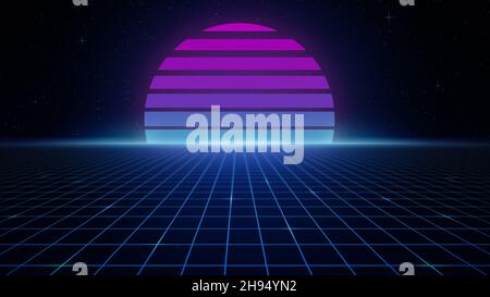 Retro-futuristischer 1980s-Stil Hintergrund, der Sci-Fi-Filme aus den 80er Jahren nachahmte. Bunt gestreifte Sonne oder Planet, Sternenhimmel und blaues Gitter. Stockfoto