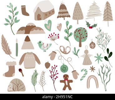 Weihnachtskollektion, Pullover, Kerze, Häuser, Vogel, Rote Beeren, Kekse, Weihnachtsbaum, Weihnachtsschmuck, Baumzweige. Frohe Weihnachten und Frohes neues Jahr. Vektorsymbole. Stock Vektor