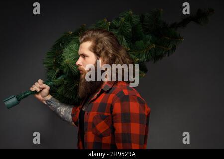 Schöner Mann mit langen Haaren, der einen synthetischen weihnachtsbaum hält. Stockfoto