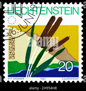 MOSKAU, RUSSLAND - 24. OKTOBER 2021: In Liechtenstein gedruckte Briefmarke zeigt Landschaften, Jahrestage und Events Serie, um 1983 Stockfoto