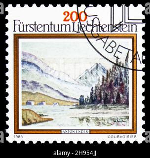 MOSKAU, RUSSLAND - 24. OKTOBER 2021: Die in Liechtenstein gedruckte Briefmarke zeigt Gemälde, Landscape Painting Serie, um 1983 Stockfoto