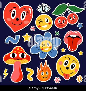 Abstrakte Formen, lustige komische niedliche Charaktere und Kritzeleien Aufkleber Patches Abzeichen. Set mit trendigen, modernen Emoticons. Vektorgrafik Stock Vektor