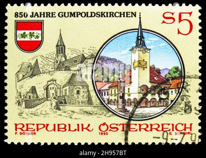 MOSKAU, RUSSLAND - 24. OKTOBER 2021: In Österreich gedruckte Briefmarke zeigt 850th-jähriges Jubiläum von Gumpoldskirchen (Niederösterreich), Serie, um 1990 Stockfoto