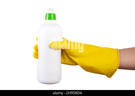 Weiße Flasche mit grünem Deckel, isoliert auf weißem Hintergrund. Reinigungsprodukte. Datei enthält Beschneidungspfad. Stockfoto