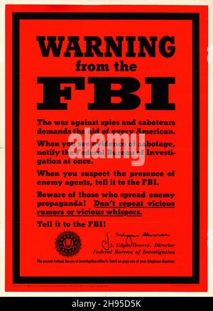 Propaganda des Zweiten Weltkriegs (USA Regierungsdruckerei, 1943). Handsigniertes OWI-Plakat Nr. 74 „Warnung vom FBI“