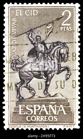 MOSKAU, RUSSLAND - 24. OKTOBER 2021: Die in Spanien gedruckte Briefmarke zeigt El Cid, Serie, um 1962 Stockfoto