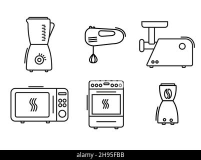 Symbole für Küchengeräte: Stellen Sie das Vektorsymbol für Linienkunst auf weißem Hintergrund ein Stock Vektor