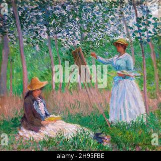 Im Wald in Giverny: Blanche Hoschedé in ihrer Staffel mit Suzanne Hoschedé Reading von Claude Monet (1840-1926), Malerei, Öl auf Leinwand, 1887 Stockfoto