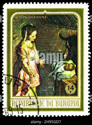 MOSKAU, RUSSLAND - 24. OKTOBER 2021: Die in Burundi gedruckte Briefmarke zeigt Geburt von Baroccio, Weihnachtsserie, um 1968 Stockfoto