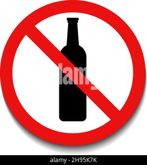 Kein Alkoholschild mit roter Runde auf weißem Hintergrund gekreuzt. Symbol für nicht erlaubten Alkohol. Vektor-Illustration im trendigen runden flachen Stil und Schatten. EPS Stock Vektor