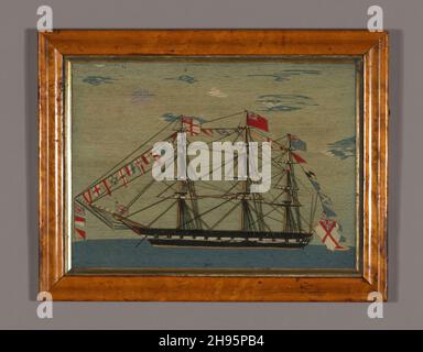 Picture (Needlework), England, 1825/75. Segelschiff mit Signalfahnen. Stockfoto