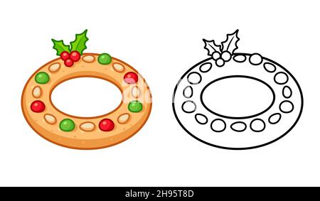 Kerstkrans Holländischer Weihnachtsringkuchen. Traditionelles Mandelgebäck mit Weihnachtskranz. Schwarz-Weiß-Symbol und Farb-Cartoon-Zeichnung, Vektor-Illustration Stock Vektor