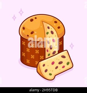 Panettone, traditionelles italienisches Weihnachtsbrot. Kuchen mit ausgeschnittendem Keil. Cartoon-Zeichnung, Vektor Clip Art Illustration. Stock Vektor