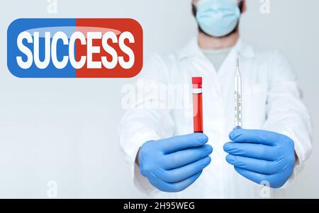 Text wurde erfolgreich geschrieben. Geschäftsvorstellung Leistung Ziel Zweck Gutes oder schlechtes Ergebnis des Unterfangens Forschungswissenschaftler präsentiert Neues Stockfoto