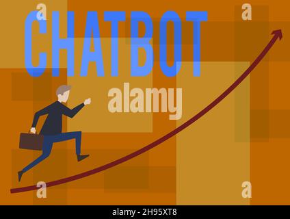 Schild mit Chatbot. Konzept bedeutet eine Art von Computerprogramm, das menschliche Gespräch Geschäftsmann läuft nach oben Holding Briefcase simuliert Stockfoto