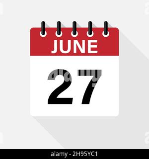 Juni-Kalender-Symbol. Kalendersymbol mit Schatten. Flacher Style. Datum, Tag und Monat. Stock Vektor