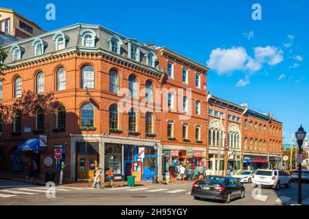 Historisches Geschäftsgebäude an der Exchange Street 1 in der Fore Street im Old Port in Portland, Maine ME, USA. Stockfoto