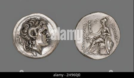 Tetradrachm (Münze) mit Alexander dem Großen, 297-281 v. Chr., herausgegeben von König Lysimachus von Thrakien. Stockfoto