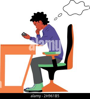 Schwarzer Kerl sitzt an einem Schreibtisch und schaut auf das Telefon. Vektor flach Stock Vektor