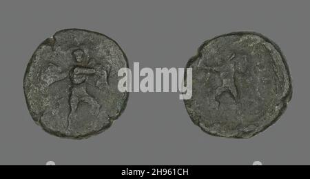 Münze mit den Catanian Brothers, 3rd-2nd Jahrhundert v. Chr. Amphinomus und sein Bruder Anapias retteten ihre Eltern vor einem Ausbruch des Ätna. Geprägt in Catana (oder Catania), Sizilien. Stockfoto