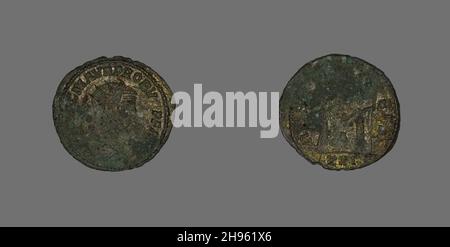 Antoninianus (Münze) Mit Kaiser Probus, 276-282. Rückseite: Figur, die den Kaiser krönt, der eine Kugel und einen Stab hält. Geprägt in Antiochia (nahe dem modernen Antakya, Türkei). Stockfoto