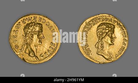 Aureus (Münze) mit Kaiser Caligula, 37-38 u.Z., herausgegeben von Caligula. Rückseite: Büste der Agrippina I. geprägt in Rom. Stockfoto