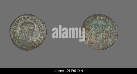 Antoninianus (Münze) Mit Kaiser Aurelian, 270-275. Rückseite: Der Kaiser steht und erhält einen Kranz von einer weiblichen Figur. Geprägt in Cyzicus (in der modernen Türkei). Stockfoto