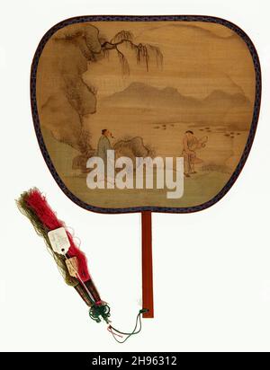 Gelehrter mit Diener, der eine Qin hält, Qing-Dynastie (1644-1911), 1876. Handlüfter. Stockfoto