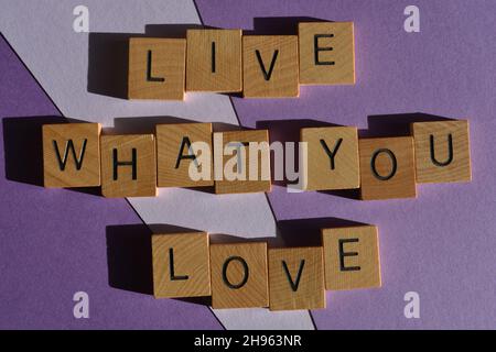 Live What You Love, Wörter in Holzbuchstaben isoliert auf violettem Hintergrund Stockfoto