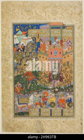 ZAL klettert nach Rudaba, Seite aus einer Kopie des Shahnama von Firdausi, Safavid Dynastie (1501-1722), datiert 1580/90. Stockfoto