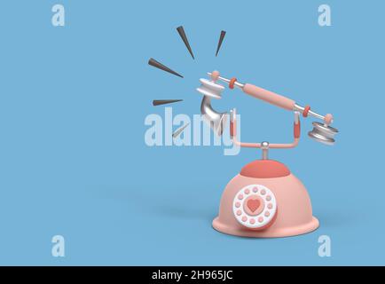 Pinkes Cartoon-Telefon klingelt auf blauem Hintergrund. 3D Bild Stockfoto