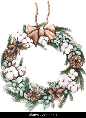 Weihnachtskranz mit Tannenzweigen und Tannenzapfen aus Baumwolle und Kiefer Stock Vektor