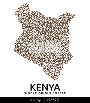 Form der Kenya-Karte aus verstreuten Kaffeebohnen, Ländername unten Stock Vektor