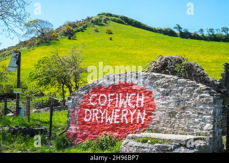 Das Cofiwch Dryweryn Wandbild, politisch, grafitti, auf der A487 nahe Llanrhystud, Süden, Aberystwyth wurde wiederholt verwüstet.das Protestbild wurde 1965 gemalt, nachdem das Dorf Capel Celyn bei Bala in Gwynedd überflutet wurde, um ein Reservoir für die Wasserversorgung von Liverpool zu schaffen.Cofiwch Dryweryn (Englisch: 'Denk an Tryweryn') oder Y Wal Cofiwch Dryweryn ist ein Graffitti, Graffitti, Graffiti, Stein, Wand, Near, Llanrhystud, Ceredigion, Wales. Cofiwch Dryweryn,West,Mid,Wales,walisisch,Unabhängigkeit,walisische Unabhängigkeit,Nation,national,Nationalismus,Nationalist,Stolz,Leidenschaft,Patriotismus,Großbritannien, Stockfoto