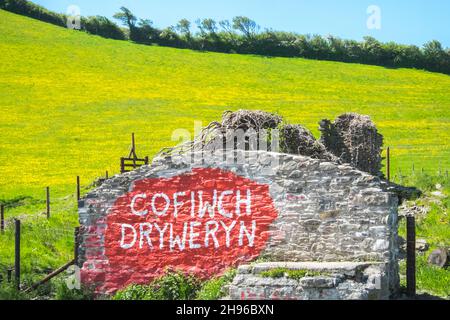 Das Cofiwch Dryweryn Wandbild, politisch, grafitti, auf der A487 nahe Llanrhystud, Süden, Aberystwyth wurde wiederholt verwüstet.das Protestbild wurde 1965 gemalt, nachdem das Dorf Capel Celyn bei Bala in Gwynedd überflutet wurde, um ein Reservoir für die Wasserversorgung von Liverpool zu schaffen.Cofiwch Dryweryn (Englisch: 'Denk an Tryweryn') oder Y Wal Cofiwch Dryweryn ist ein Graffitti, Graffitti, Graffiti, Stein, Wand, Near, Llanrhystud, Ceredigion, Wales. Cofiwch Dryweryn,West,Mid,Wales,walisisch,Unabhängigkeit,walisische Unabhängigkeit,Nation,national,Nationalismus,Nationalist,Stolz,Leidenschaft,Patriotismus,Großbritannien, Stockfoto