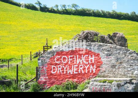 Das Cofiwch Dryweryn Wandbild, politisch, grafitti, auf der A487 nahe Llanrhystud, Süden, Aberystwyth wurde wiederholt verwüstet.das Protestbild wurde 1965 gemalt, nachdem das Dorf Capel Celyn bei Bala in Gwynedd überflutet wurde, um ein Reservoir für die Wasserversorgung von Liverpool zu schaffen.Cofiwch Dryweryn (Englisch: 'Denk an Tryweryn') oder Y Wal Cofiwch Dryweryn ist ein Graffitti, Graffitti, Graffiti, Stein, Wand, Near, Llanrhystud, Ceredigion, Wales. Cofiwch Dryweryn,West,Mid,Wales,walisisch,Unabhängigkeit,walisische Unabhängigkeit,Nation,national,Nationalismus,Nationalist,Stolz,Leidenschaft,Patriotismus,Großbritannien, Stockfoto