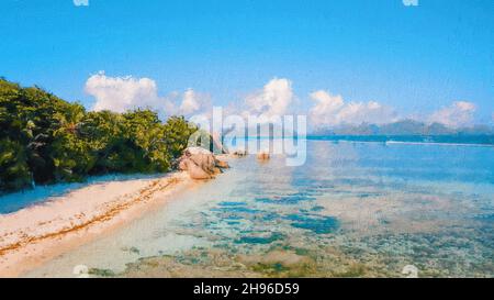 Tropische Küste von Palmen, Ozean Pastell Ölgemälde auf Leinwand Stockfoto