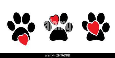 Hunde oder Katzen Pfoten mit Liebe Herzen Symbol. Cartoon Hunde oder Katzen Fußabdruck, Funny Vektor Hund oder Katze Zeichen. Lovers Silhouette. Tag der Tiere. Lustige Fußstapfen Stockfoto