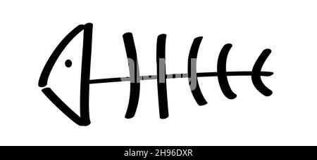 Cartoon-Fischgrätmuster. Flacher Vektor Meer, Meer oder Wasser Tier Zeichen. Fischknochen Skelett Piktogramm. Zeichnung Fisch Linie Muster. Fisch-Symbol Stockfoto