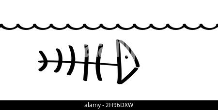 Cartoon-Fischgrätmuster. Flacher Vektor Meer, Meer oder Wasser Tier Zeichen. Fischknochen Skelett Piktogramm. Zeichnung Fisch Linie Muster. Fisch-Symbol Stockfoto