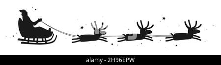 Der Weihnachtsmann fährt im Tragegurt im Schlitten auf dem Rentier. Vektor-Illustration für fliegende Hirsche isoliert auf Weiß Stock Vektor